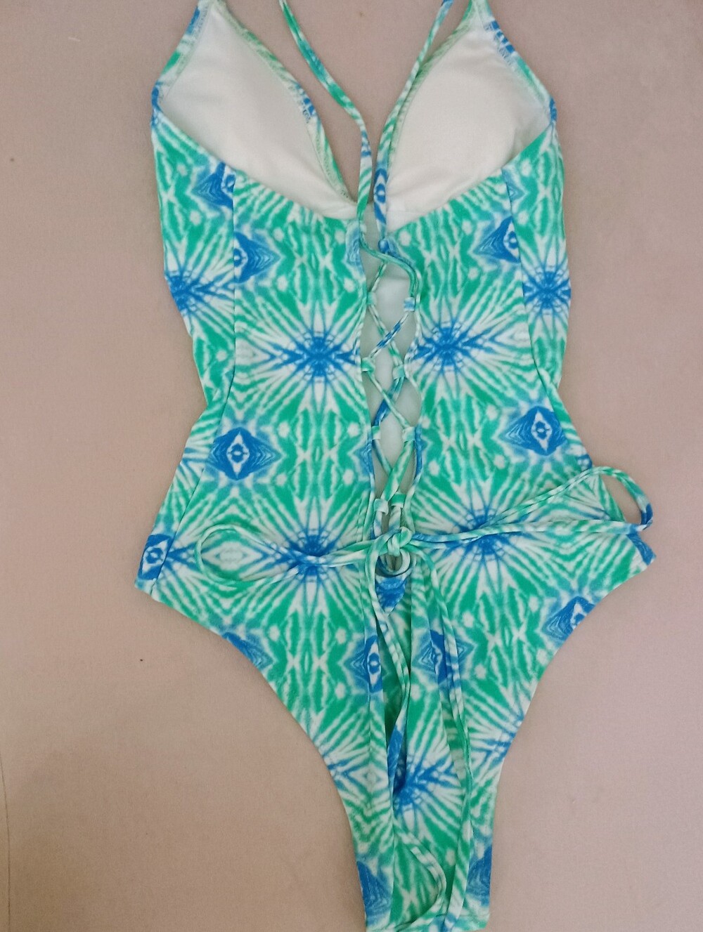 Forever 21 NWT Lace Up Back Green & Blue One-Piece Swimsuit - Picture 2 of 8